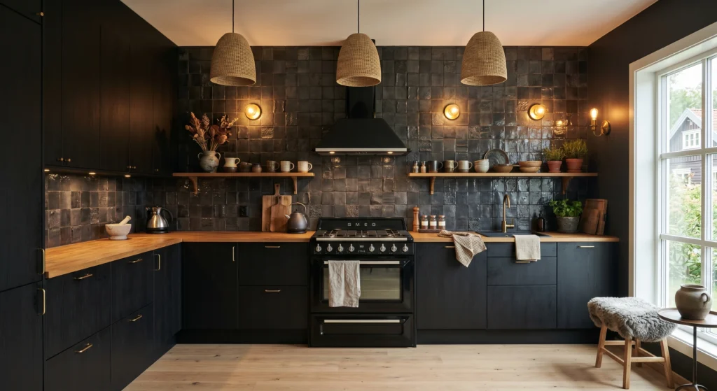 Elevate your dark Scandinavian kitchen with a charcoal, black slate, or deep green backsplash. Rich textures and seamless dark grout create depth, drama, and visual interest while maintaining the clean, minimalist Scandinavian aesthetic that feels timeless and luxurious.