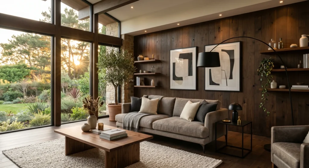 Scandinavian living room with subtle black accents, black floor lamp, black picture frames, black side table, warm greige sofa, oak furniture, oversized wall art, luxury Nordic decor, full room view.