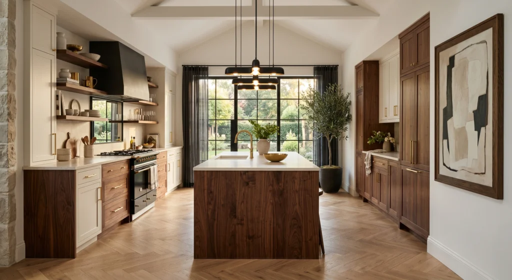 Luxury white Scandinavian kitchen with matte black cabinet handles, brass fixtures, black pendant lights, oversized wall art, natural oak island, visible wood grain, cream countertops, bright sunlight, sophisticated Nordic design, full room view.