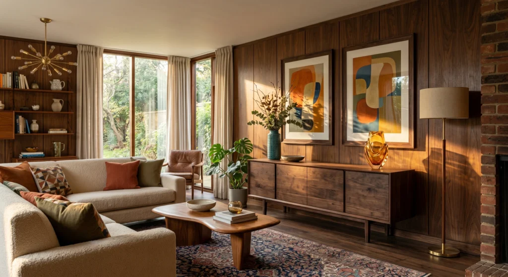 Luxury vintage Scandinavian interior featuring teal ceramic vases and Murano glass decor on a handcrafted teak sideboard, dried eucalyptus branches, oversized retro wall art, visible wood grain, and warm Nordic styling.