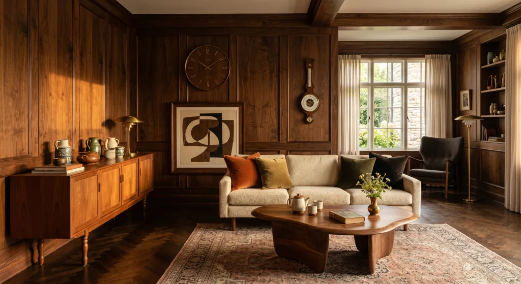 Luxury vintage Scandinavian living room featuring a mid-century wooden wall clock and brass barometer above a teak sideboard, oversized retro wall art, ceramic accessories, warm wood finishes, and a cozy hygge atmosphere.