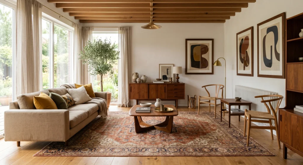 Luxury Scandinavian living room with a faded Persian rug in rust, terracotta, cream, and navy tones beneath a sculptural teak coffee table, oversized retro wall art, warm beige sofa, visible wood grain, and rich mid-century charm.
