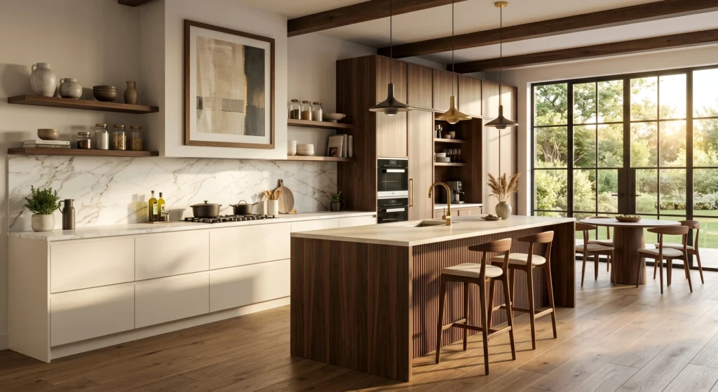 Luxury Scandinavian kitchen featuring a white marble backsplash with soft grey veining, oversized wall art in oak frames, natural oak island, cream countertops, warm white cabinets, abundant sunlight, elegant Nordic kitchen design, full room view.