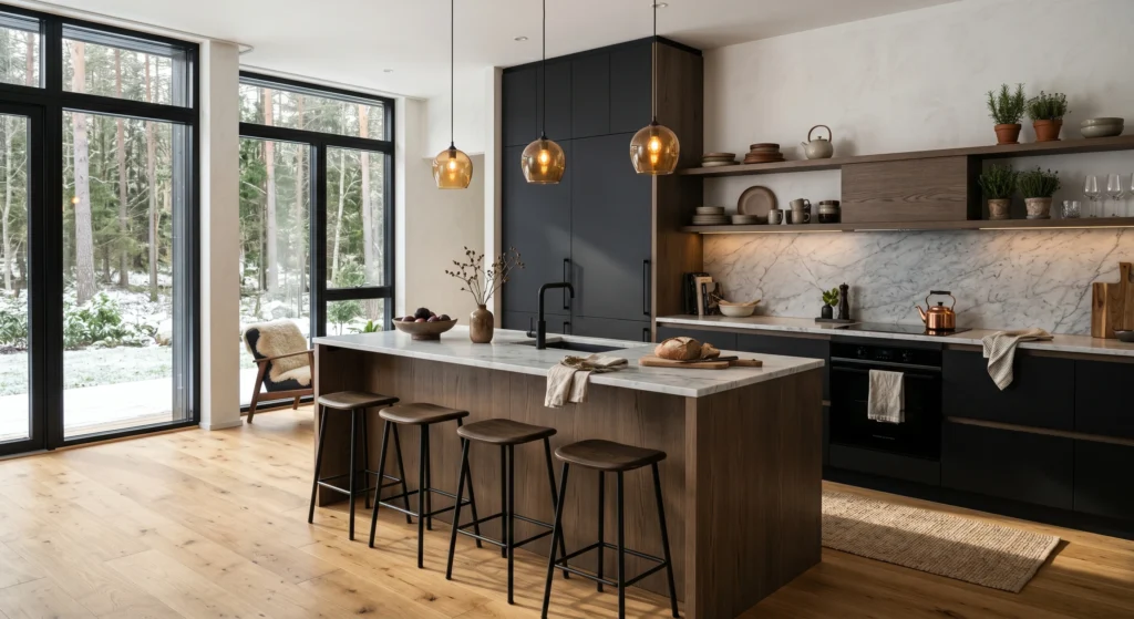 Balance dark Scandinavian kitchen cabinets with light oak flooring, natural wood shelves, and warm wood details. This contrast adds warmth, texture, and brightness while maintaining the dramatic atmosphere that makes a dark Nordic kitchen feel inviting and deeply beautiful.