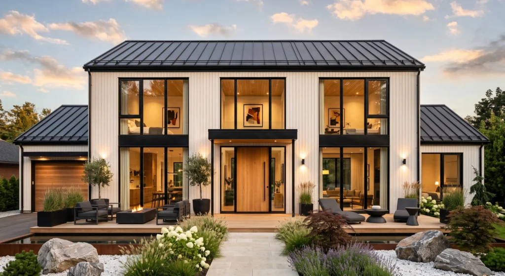 A modern Scandinavian home with warm white vertical timber siding, bold matte black window frames, black roof trim, natural oak entrance door, cedar soffits, charcoal roof, luxury landscaping, and bright golden-hour lighting creating a timeless high-contrast exterior.