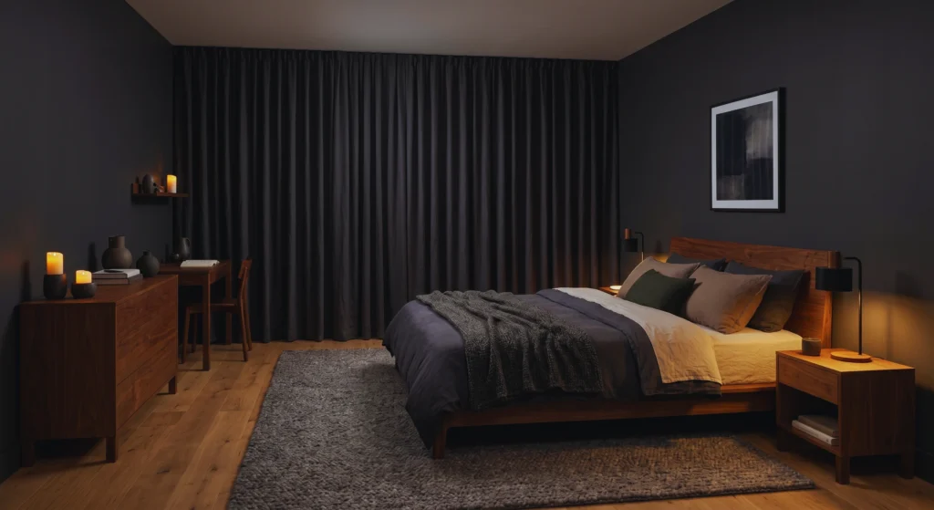 Dark rooms promote deeper sleep. This Scandinavian bedroom features blackout curtains, warm neutral decor, and a cozy cocoon-like atmosphere designed to help you fall asleep faster and wake up refreshed.