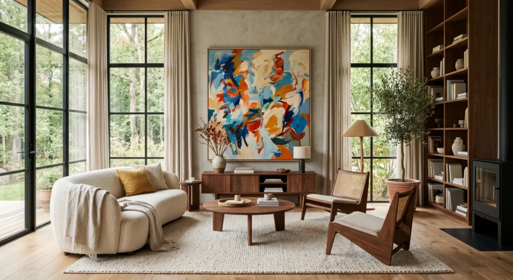 A luxury Nordic living room featuring an oversized colorful abstract painting in a thin oak frame above a cream boucle sofa, walnut furniture, neutral palette, and abundant natural sunlight.
