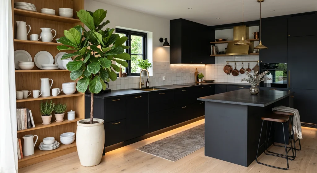 Indoor plants are essential in Ways to Create a Dark Scandinavian Kitchen: Moody, Dramatic & Deeply Beautiful (Yes, It's Still Hygge). Olive trees, fiddle leaf figs, and pothos add natural color, softness, and organic beauty while creating a striking contrast against dark cabinetry.