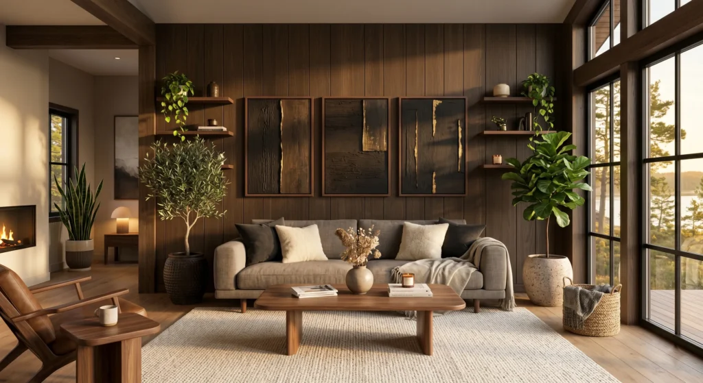 Luxury Scandinavian living room with olive tree, fiddle leaf fig, snake plants, terracotta planters, oversized abstract artwork, oak furniture, warm neutral palette, natural sunlight, full room view.