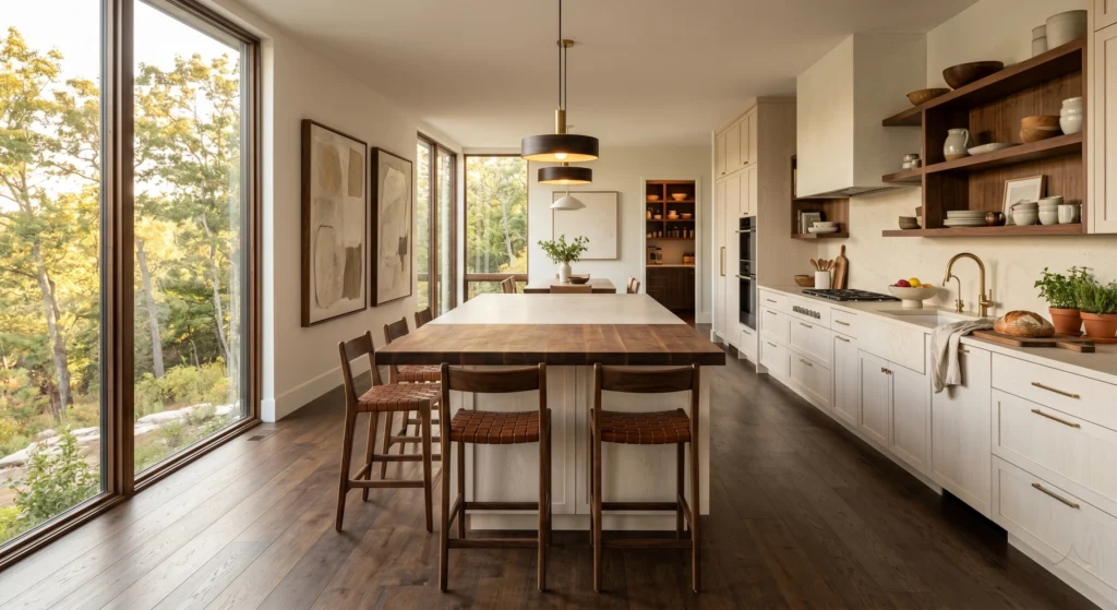 Luxury Scandinavian kitchen featuring natural oak shelving, butcher block island, oak bar stools, visible wood grain, oversized wall art, warm white cabinets, bright airy atmosphere, Nordic-inspired kitchen design, full room view.
