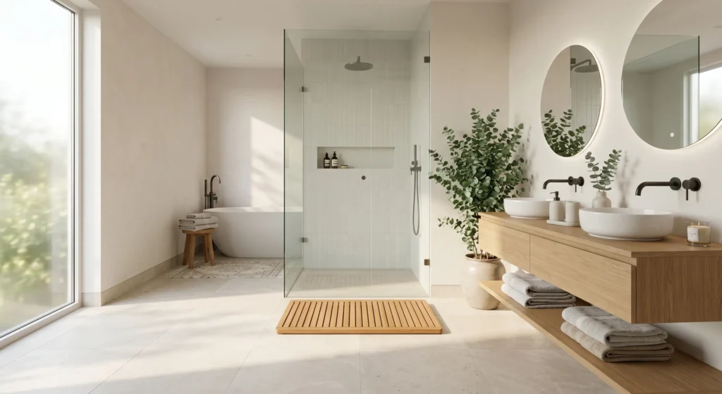 Bring the beauty of nature indoors with a Scandinavian bathroom featuring teak bath mats, floating oak shelves, and a light wood vanity with visible grain. Natural wood textures add warmth, character, and organic beauty, creating an inviting hygge bathroom that feels both luxurious and relaxing.