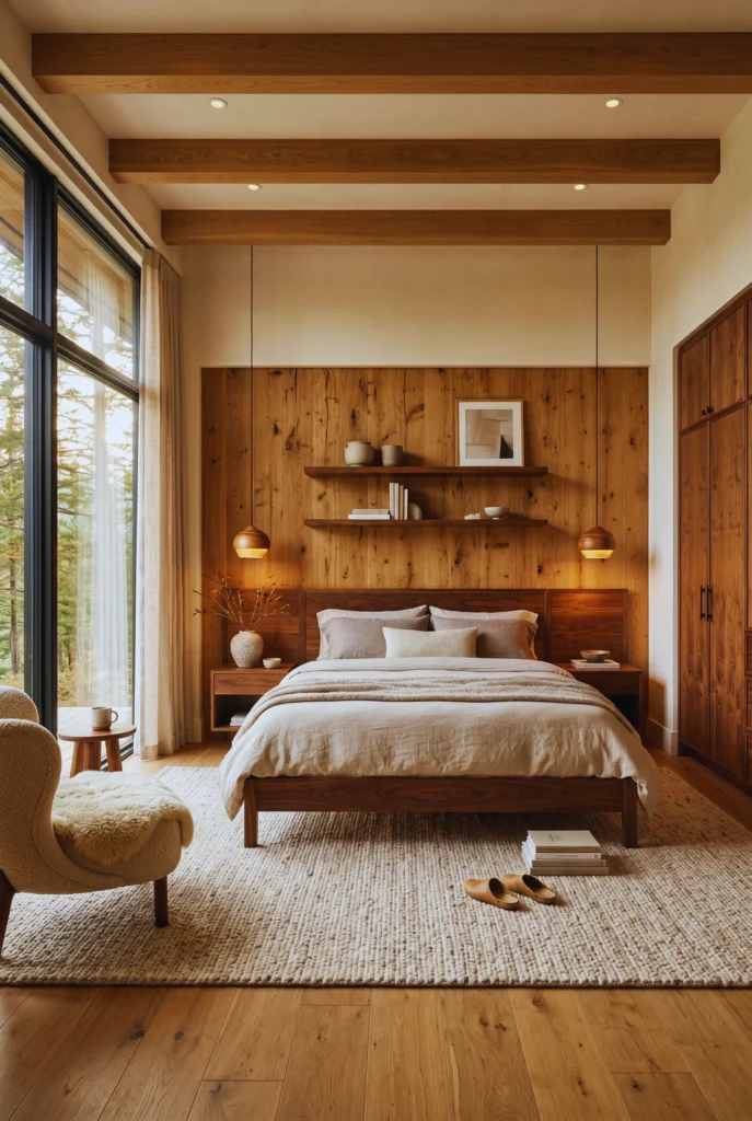 Natural wood instantly transforms a bedroom into a warm Scandinavian retreat. Oak furniture, walnut accents, wood-framed mirrors, and visible grain textures add timeless luxury while keeping the space calm and minimalist. Perfect inspiration for a cozy Nordic bedroom makeover.