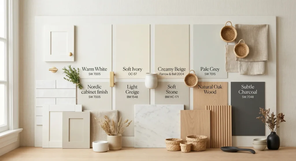 Bring warmth and texture into your kitchen with light oak flooring and butcher block countertops. These Scandinavian kitchen elements soften the space, reflect natural light, and create a cozy Nordic atmosphere. A simple way to make every inch count while keeping your kitchen bright and welcoming.