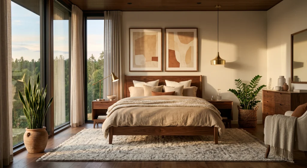 A luxury Scandinavian bedroom styled with a tall snake plant in a handcrafted terracotta planter, a pothos on the bedside table, oversized oak-framed wall art, layered linen bedding, warm oak furniture, plush ivory rug, and bright natural sunlight creating a fresh Nordic sanctuary.