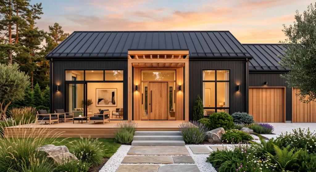 A striking luxury Scandinavian house with a matte charcoal black timber façade, oversized glass walls, warm cedar wood details, oak front door, black standing-seam roof, warm architectural lighting, natural stone landscaping, and a cozy golden sunset atmosphere.