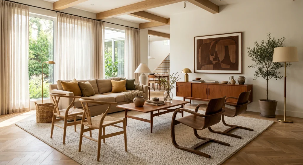Luxury vintage Scandinavian interior featuring iconic Wishbone chairs and woven wicker lounge chairs, natural oak wood grain, oversized mid-century wall art, warm neutral textiles, and cozy Nordic styling with full room visibility.