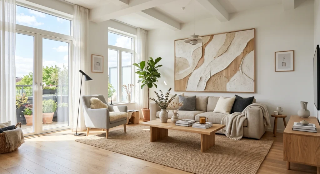A bright Nordic living room featuring pale oak flooring, cream wool rug, oversized designer wall art, natural wood furniture, cream sectional sofa, and abundant sunlight reflecting throughout the space.
