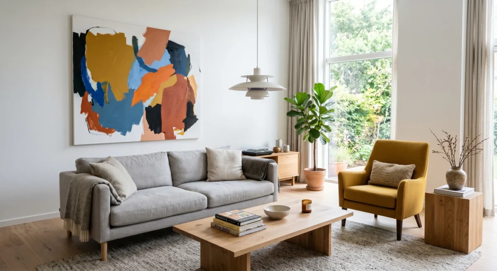 A sophisticated Scandinavian living room featuring a mustard yellow statement sofa as the hero color, warm taupe walls, natural oak furniture, oversized abstract artwork, cream textiles, minimalist styling, and bright natural light.
