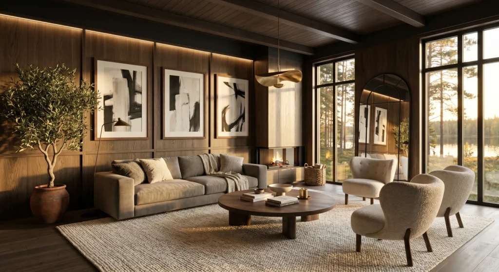 Luxury Nordic living room featuring round oak coffee table, oval mirror, curved boucle chairs, oversized wall art, warm neutral palette, natural wood furniture, cozy Scandinavian design, full room view.
