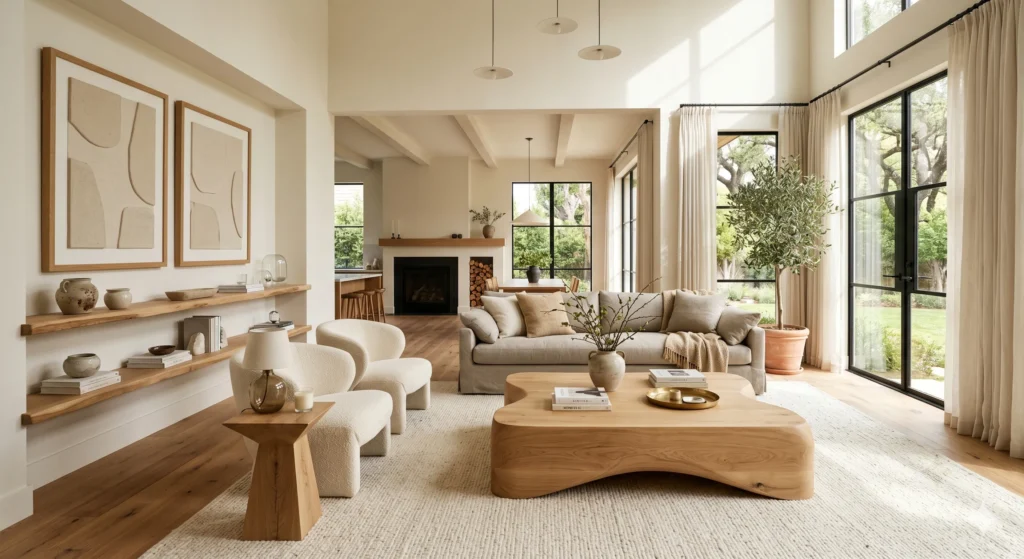 Contemporary Scandinavian living room with sculptural oak coffee table, curved wood side table, floating live-edge shelves, oversized wall art, visible natural wood grain, cream bouclé seating, luxury Nordic interior, full room view.