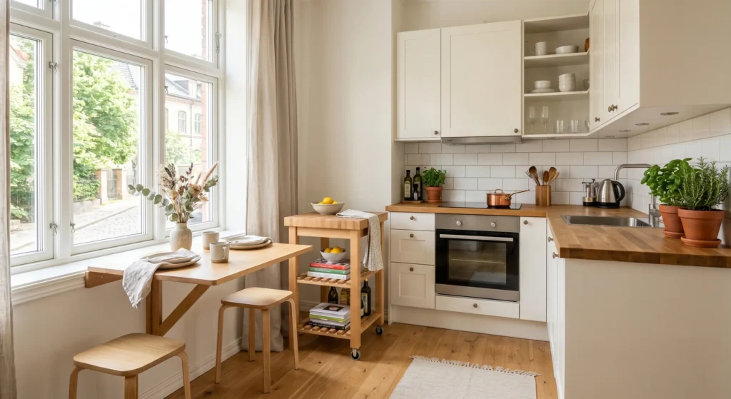 Choose furniture that works twice as hard. Fold-down tables, slim stools, and rolling kitchen carts are essential for compact kitchen design. These Scandinavian kitchen ideas help create a flexible, clutter-free space that feels stylish, practical, and surprisingly spacious.