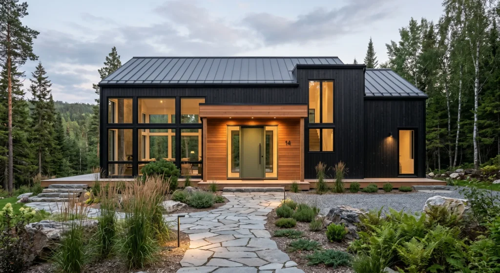 A muted olive green, dusty blue, or rust-colored front door adds personality to a modern Scandinavian home. Paired with black cladding, natural wood accents, and minimalist design, it creates a stylish focal point without overwhelming the exterior.