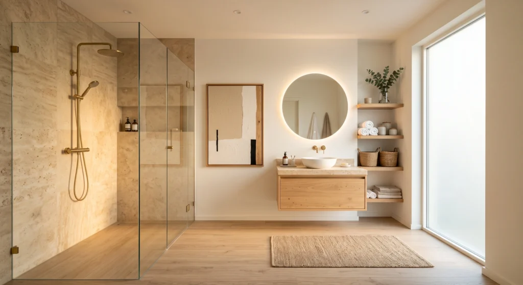 A bright Scandinavian bathroom with a frameless crystal-clear glass walk-in shower allowing natural light to flow freely. A floating oak vanity, brushed brass rainfall shower, oversized round mirror, premium oak-framed wall art, light wood-look flooring, and warm neutral finishes create a spacious luxury spa atmosphere.