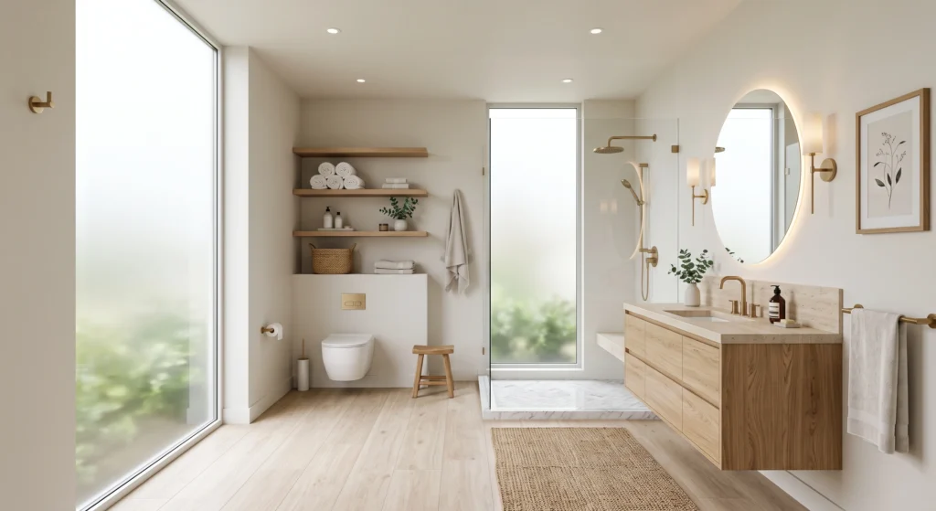A luxury Scandinavian bathroom featuring warm white walls, pale greige tones, and light oak wood-look flooring that reflects abundant natural light. A floating oak vanity with visible natural wood grain, oversized round mirror, oak-framed minimalist wall art, brushed brass fixtures, and soft neutral styling create a bright, airy Nordic bathroom that feels larger and more inviting.