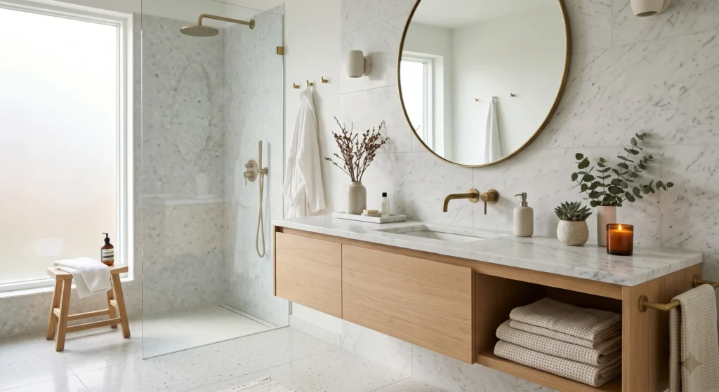 A wall-mounted floating vanity is a signature feature of modern Scandinavian bathroom ideas. The open floor space underneath creates an airy feeling, makes cleaning easier, and visually expands the room. Light oak finishes and white countertops keep the design bright, elegant, and minimalist.