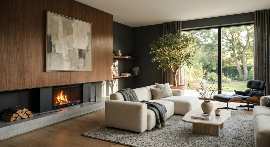 A luxurious Scandinavian living room with fireplace featuring a low-profile black steel firebox and flush concrete hearth. Rich walnut wood wall paneling, oversized abstract wall art, cream boucle sofa, travertine coffee table, and warm firelight create a cozy yet minimalist Nordic atmosphere.
