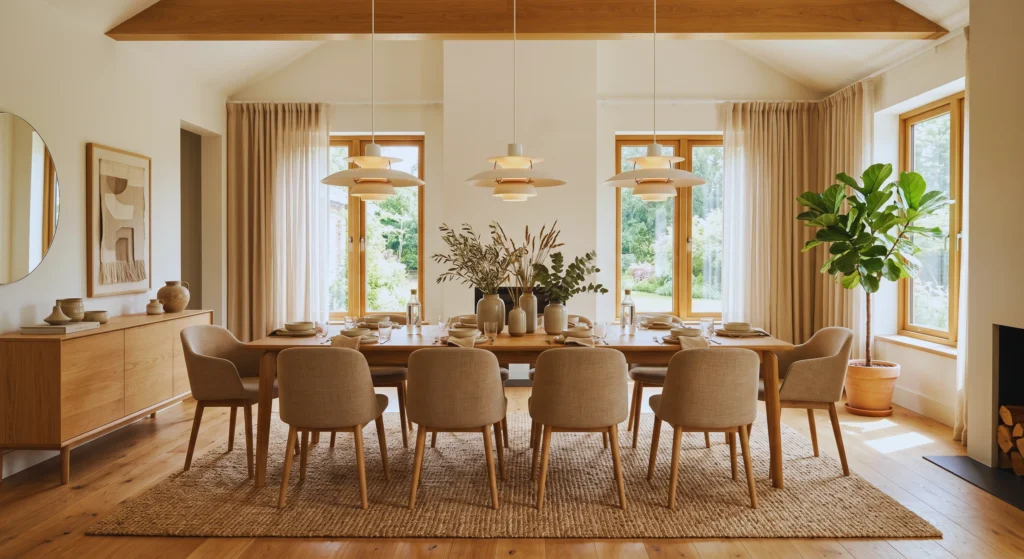 A solid oak, ash, or walnut dining table is the heart of warm neutral dining room styling inspired by Scandinavian design. Natural wood grain adds warmth, texture, and timeless beauty, creating a cozy gathering space perfect for everyday meals and special occasions.