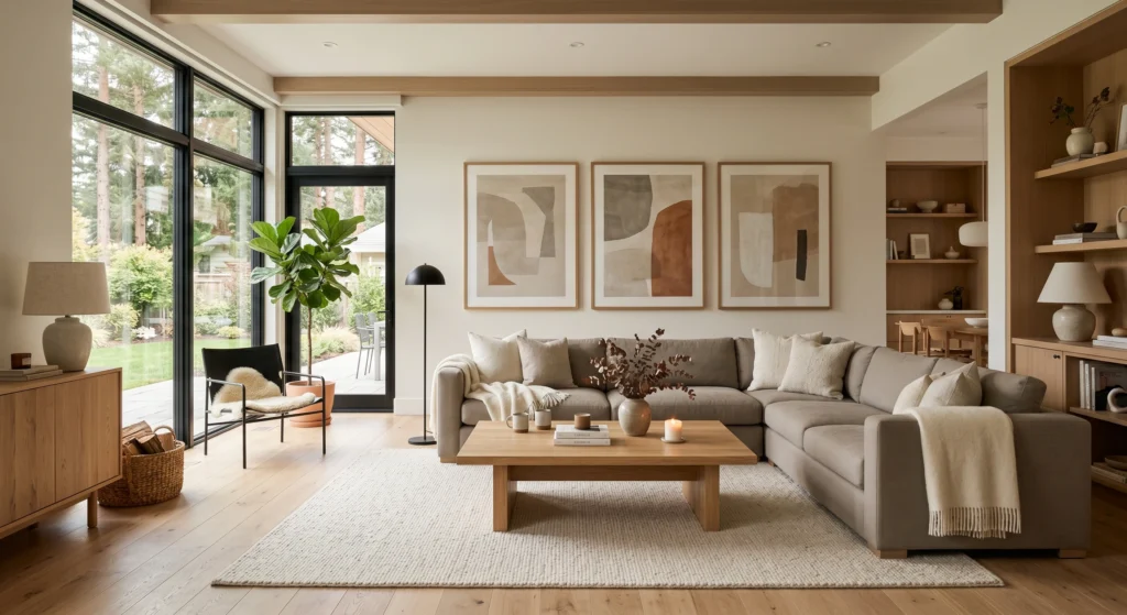 Luxury Scandinavian living room with a warm greige sofa, light oak flooring, oversized abstract wall art in oak frames, cream wool rug, natural sunlight streaming through large windows, cozy hygge atmosphere, neutral color palette, modern Nordic interior, elegant wood accents, minimalist styling, bright and airy space.