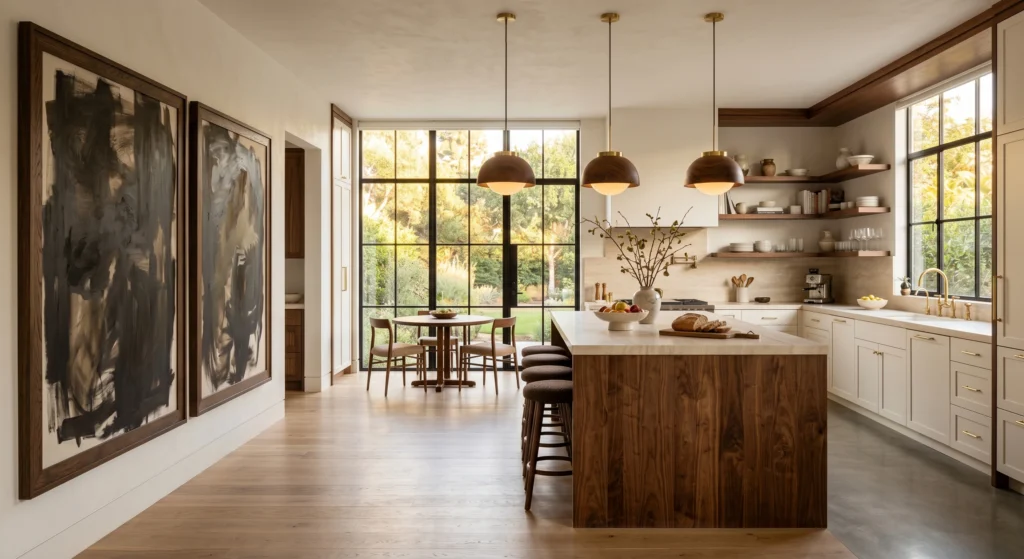 Luxury white Scandinavian kitchen with warm white cabinetry, soft greige undertones, oversized minimalist wall art in oak frames, natural oak flooring, cream quartz countertops, bright natural sunlight, airy Nordic interior design, cozy and elegant atmosphere, full kitchen view.