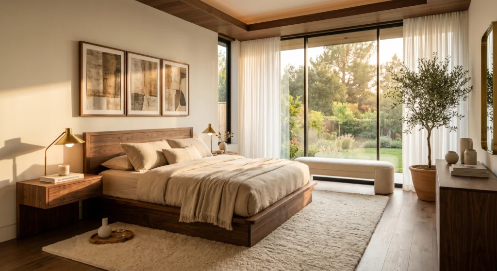 A minimalist luxury Scandinavian bedroom with perfectly styled oak nightstands featuring one ceramic lamp, one hardcover book, one scented candle, and a handcrafted wooden tray. Oversized wall art, layered linen bedding, natural wood furniture, and soft sunlight create a peaceful, clutter-free retreat.