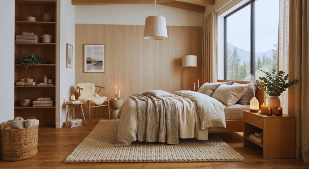A luxury retreat engages all five senses. Candles, eucalyptus, lavender bundles, and essential oil diffusers bring a calming spa-like atmosphere to this warm Scandinavian bedroom. The perfect finishing touch for a cozy Nordic sanctuary.