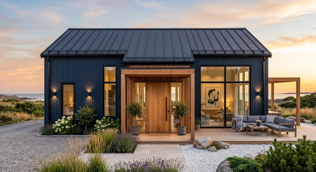 An elegant Scandinavian coastal villa with matte navy blue timber siding, crisp white trim, oversized black-framed windows, oak front door, charcoal roof, luxury wooden terrace, coastal grasses, stone pathways, and warm sunset lighting overlooking a tranquil landscape.