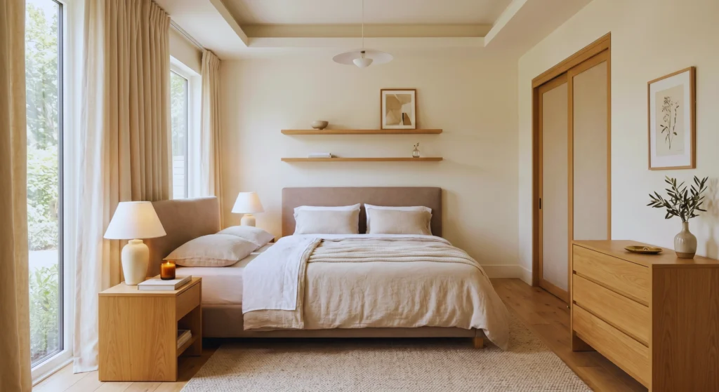 Luxury and clutter don't belong together. This Scandinavian bedroom embraces the 30% rule by keeping surfaces clean, decor intentional, and open space plentiful. The result is a calm, elegant retreat that feels expensive and effortlessly beautiful.