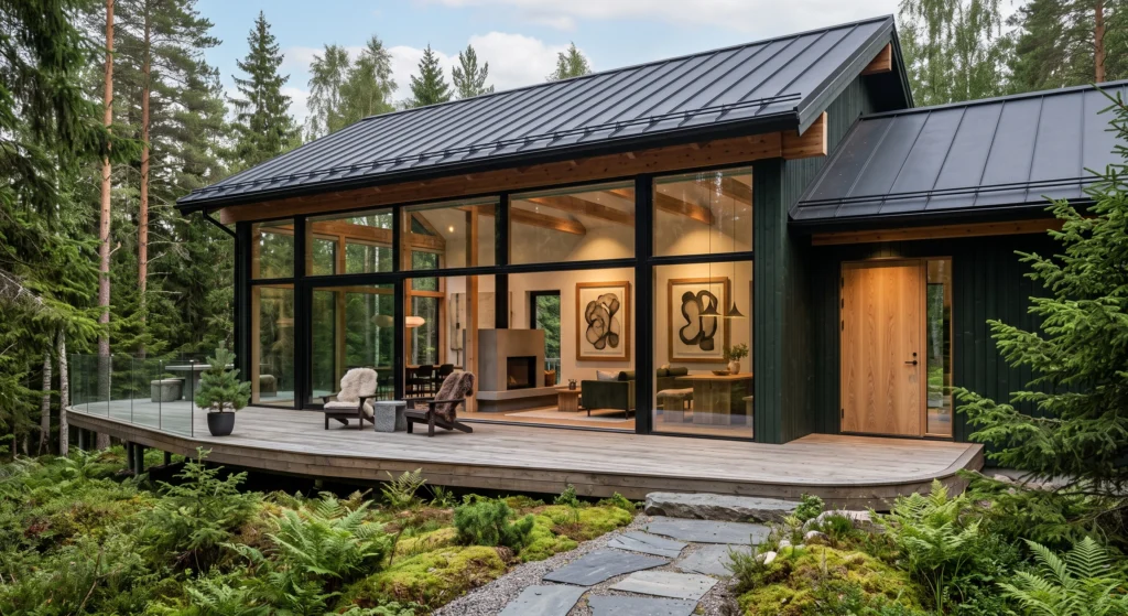 A luxury Scandinavian woodland home with deep forest green timber siding, natural cedar beams, oversized floor-to-ceiling windows, oak entrance door, charcoal roof, surrounded by pine trees, moss gardens, granite boulders, and warm sunlight filtering through the forest.