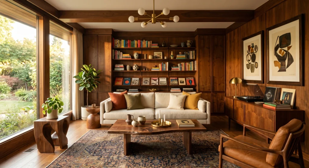 Luxury vintage Scandinavian living room with stacks of vintage design books and retro magazines in mustard, teal, and orange covers, styled with ceramic vases and candles on a teak coffee table and sideboard. Oversized wall art, visible wood grain, and warm sunlight complete the elegant mid-century Nordic design.