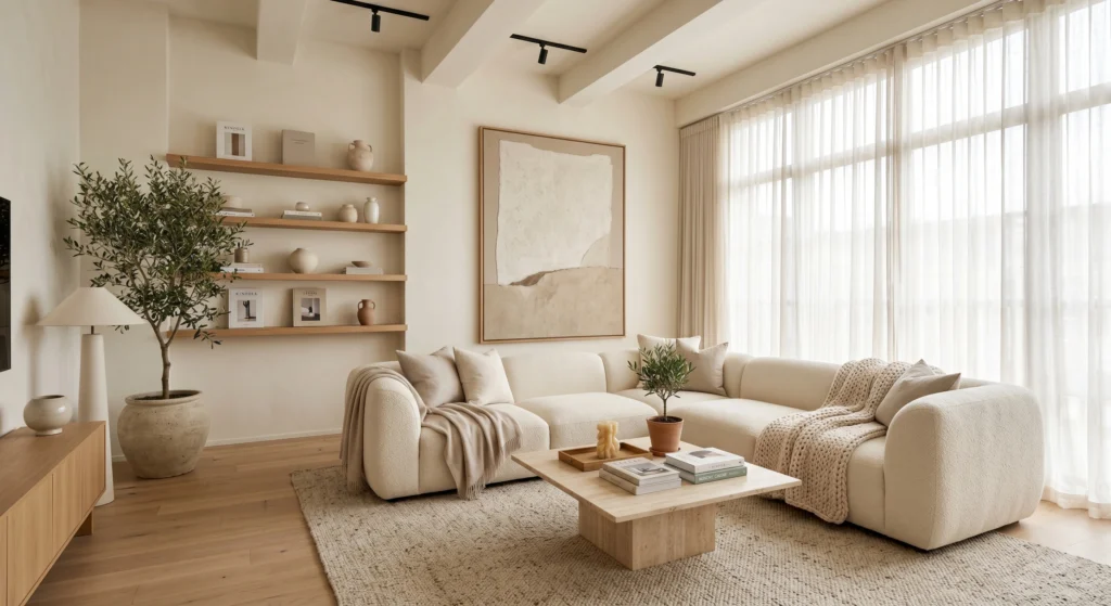 A luxury Scandinavian living room featuring a clutter-free design, oversized wall art, oak coffee table styled with one candle and one plant, floating shelves with curated decor, and bright natural sunlight.