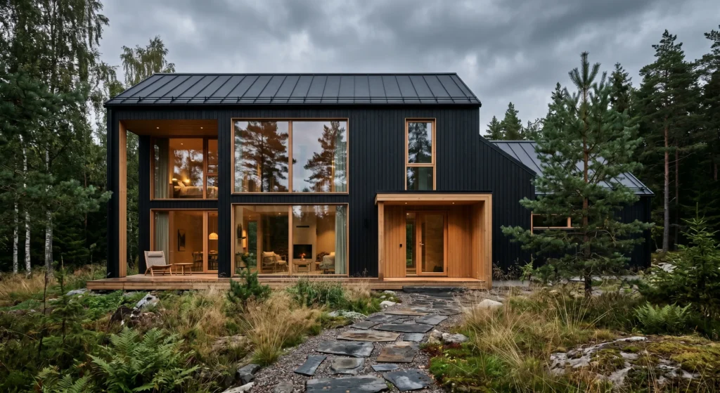 Transform your curb appeal with a bold Modern Nordic House Exterior featuring a dramatic matte black facade. Inspired by Scandinavian architecture, dark timber cladding, oversized windows, and natural materials create a sophisticated home exterior that feels timeless, modern, and deeply connected to nature.