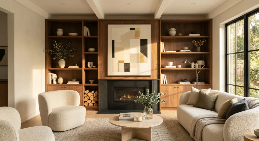 A premium Scandinavian living room featuring a fireplace framed by symmetrical walnut built-in shelves displaying neutral books, ceramics, and greenery. Oversized artwork and warm lighting complete the balanced Nordic design.
