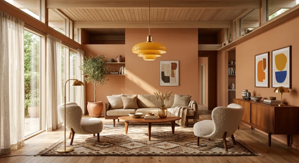 Luxury vintage Scandinavian living room with mustard-colored opal glass pendant lighting, sculptural teak coffee table, oversized retro wall art, warm beige upholstery, walnut wood furniture, and abundant natural sunlight, full room view.