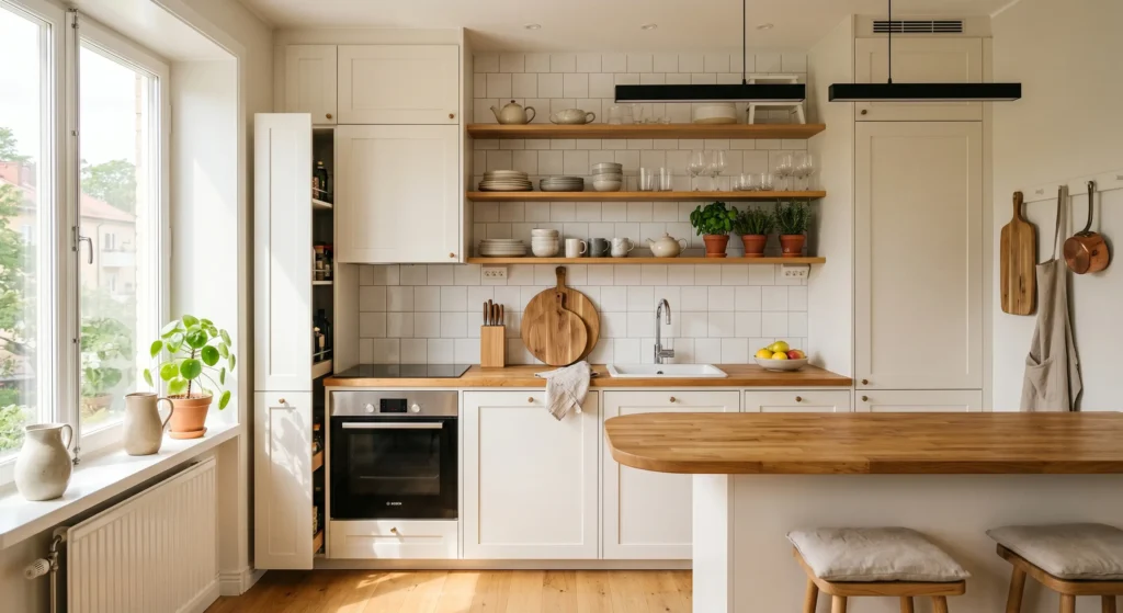 Transform your tiny kitchen with bright white cabinets and pale grey walls. This small Scandinavian kitchen idea uses a light color palette to reflect natural light, making even the smallest space feel larger, brighter, and more open. Perfect for minimalist Nordic homes that prioritize simplicity, functionality, and timeless style.