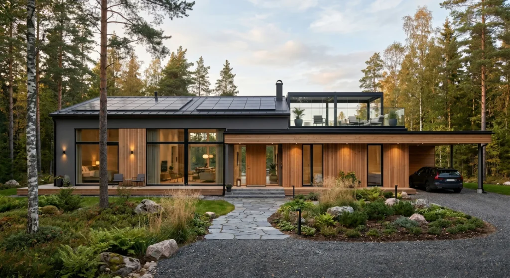 Clean rooflines are essential to Scandinavian architecture. A sleek flat roof paired with natural materials, large windows, and minimalist detailing creates a modern Nordic house exterior that feels effortlessly elegant and timeless.