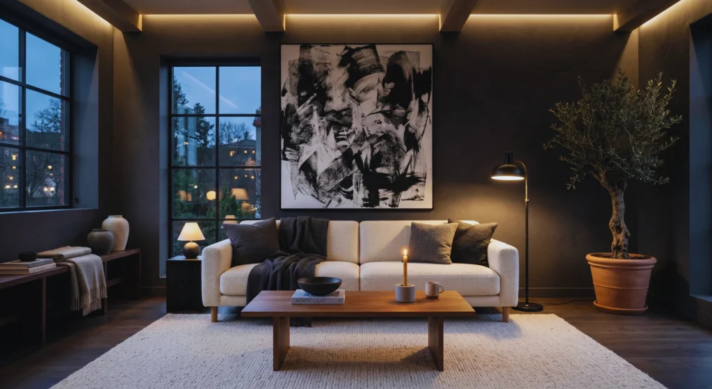 Minimalist artwork adds personality without overwhelming the room. Abstract line art, muted landscapes, and black-and-white photography are perfect choices for achieving the clean and calming look of modern Nordic living room design.