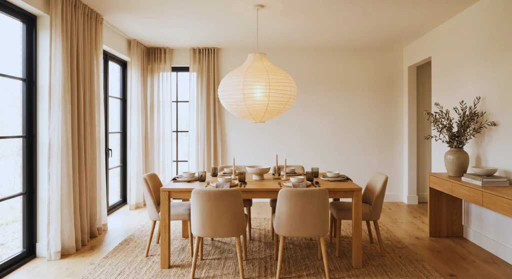 The right pendant light can completely transform a dining room. Woven rattan, paper lantern, or opal glass fixtures create a warm glow that complements Scandinavian dining room design while adding a timeless focal point to the space.