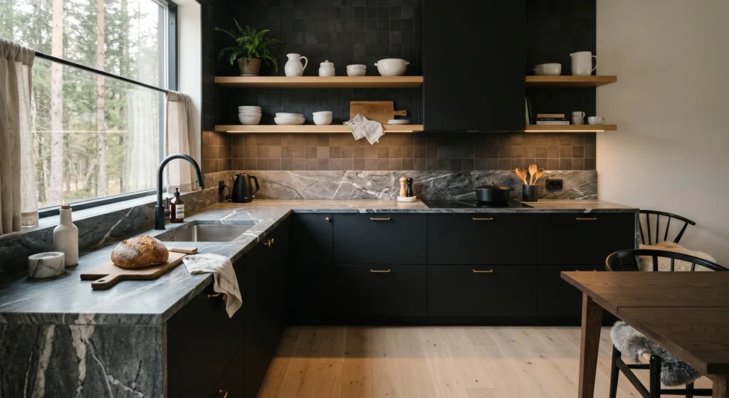 Dark soapstone countertops bring depth, texture, and luxury to a Scandinavian kitchen. Combined with natural wood accents and soft lighting, these dramatic surfaces create a moody Nordic interior that feels grounded, sophisticated, and effortlessly beautiful.
