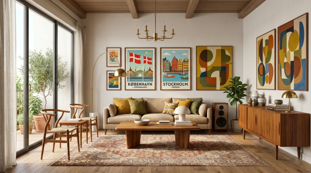 Luxury vintage Scandinavian room with oversized abstract artwork and framed Copenhagen and Stockholm travel posters, walnut frames, warm beige sofa, teak furniture, brass lighting, and an elegant gallery wall full of retro personality.