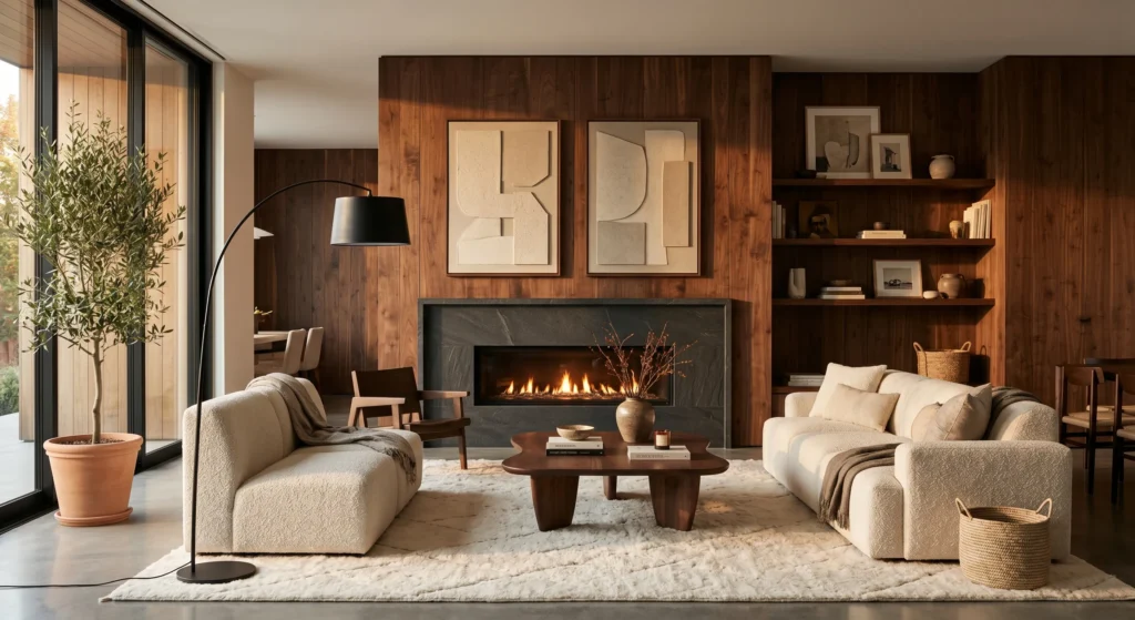 Contemporary Scandinavian living room featuring a sleek linear fireplace with stone surround, oversized abstract wall art, warm greige sofa, sculptural oak coffee table, luxury Nordic styling, cozy fireplace glow, full room view.